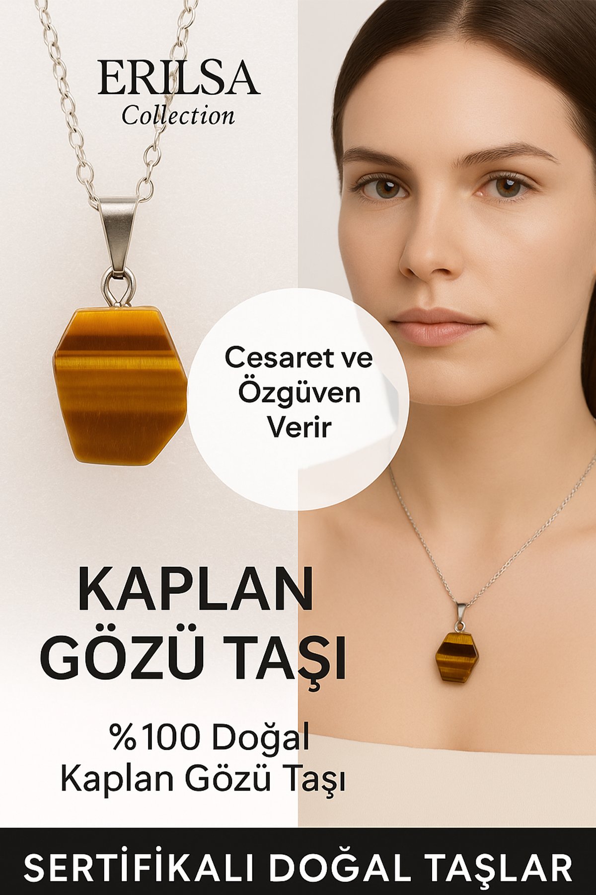 Sertifikalı Kaplan Gözü Doğal Taş Kolye – Cesaret Özgüven Denge ve Enerji Taşı