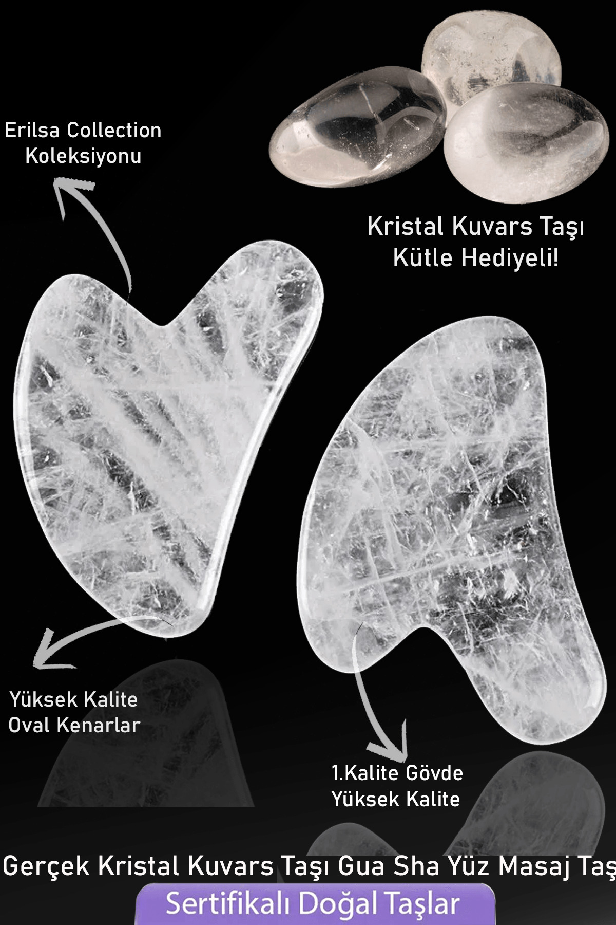 Sertifikalı Kristal Kuvars Taşı Gua Sha - Yüz Masaj Taşı Doğal Şeffaf Renk