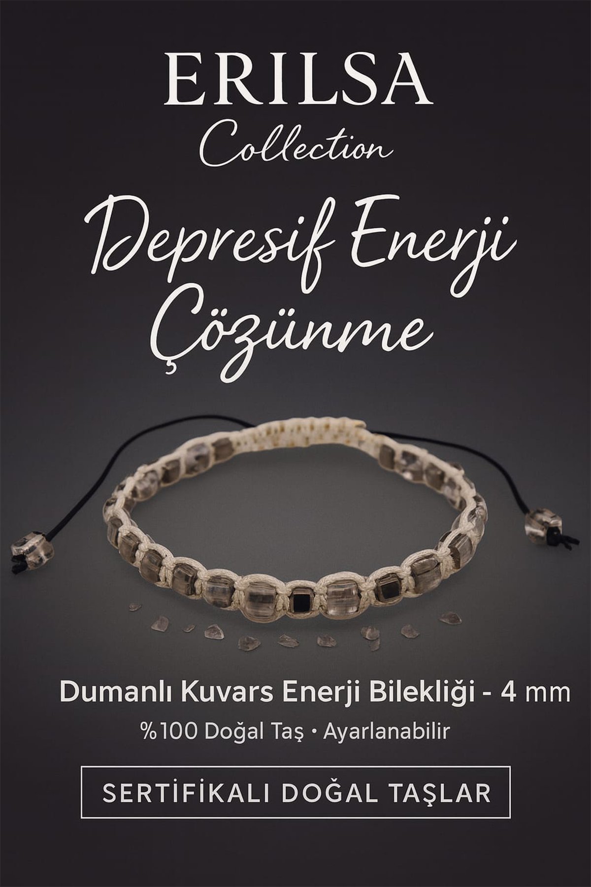 Sertifikalı Depresif Enerji Çözünme Bilekliği – Dumanlı Kuvars Doğal Taş 4 mm Ayarlanabilir