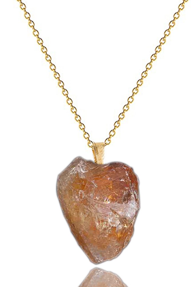 Sertifikalı Ham Doğal Işlenmemiş Sitrin Taşı Kolye (24k Altın Kaplama)
