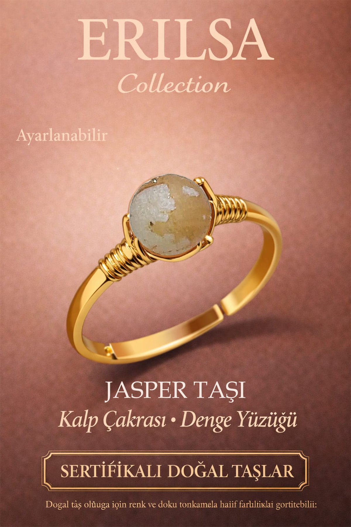 Sertifikalı Kalp Çakrası Denge Yüzüğü – Jasper Taşı Ayarlanabilir Gold Başak Oğlak Boğa Burcu