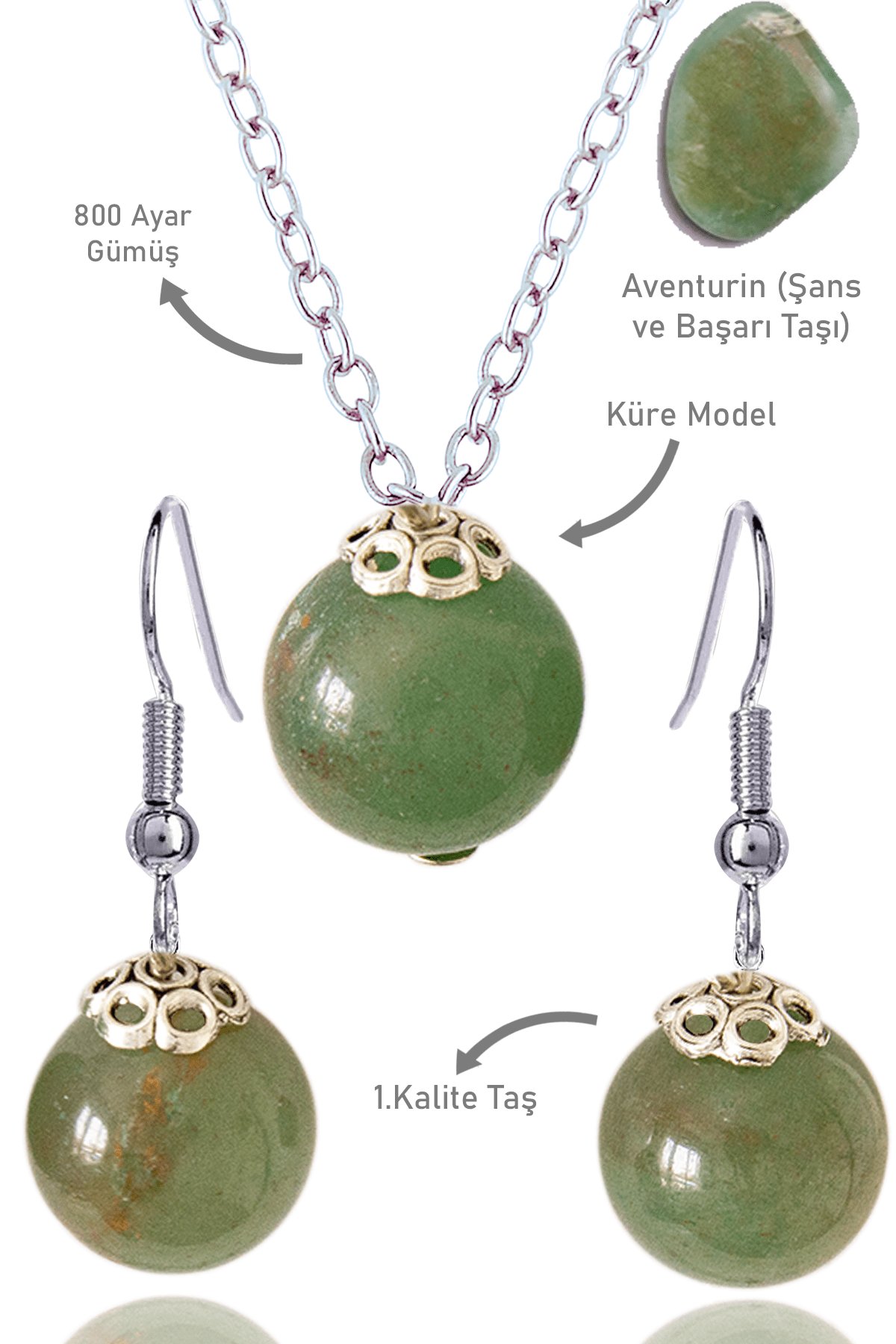 Sertifikalı Küre Model Fasetli Aventurin Taşı Kolye ve Küpe Seti - Gümüş Aparatlı