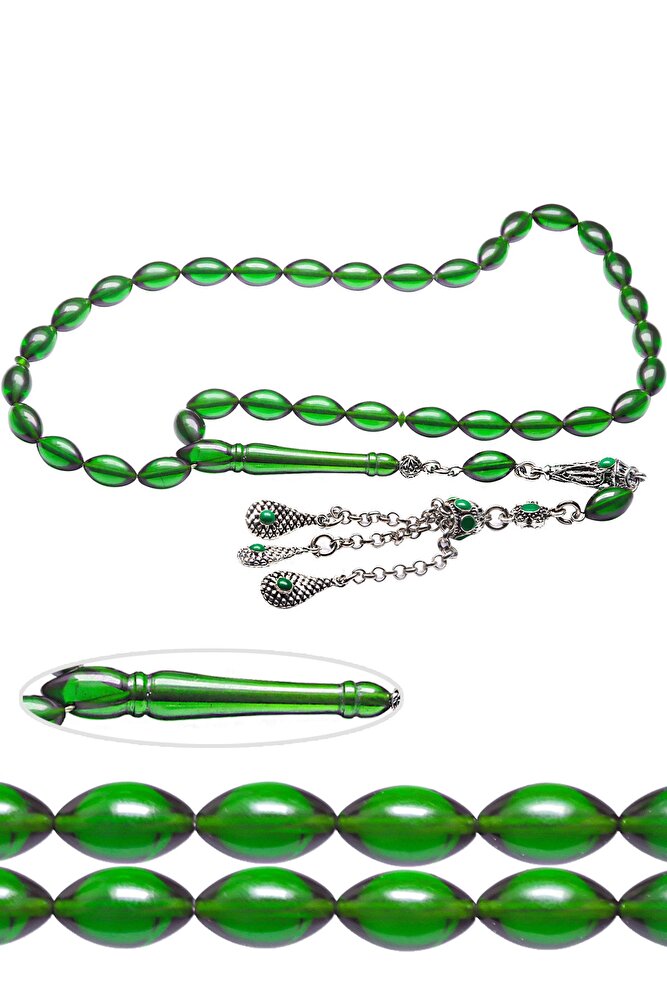 Sertifikalı Yeşil Renkli Halep Püsküllü Ateş Kehribar Tesbih