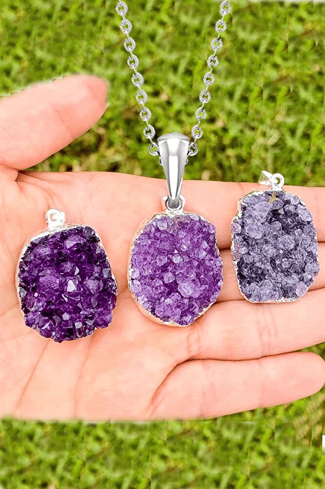 Doğal Yüksek Kalite Doğal Druze Ametist Taşı Kolye