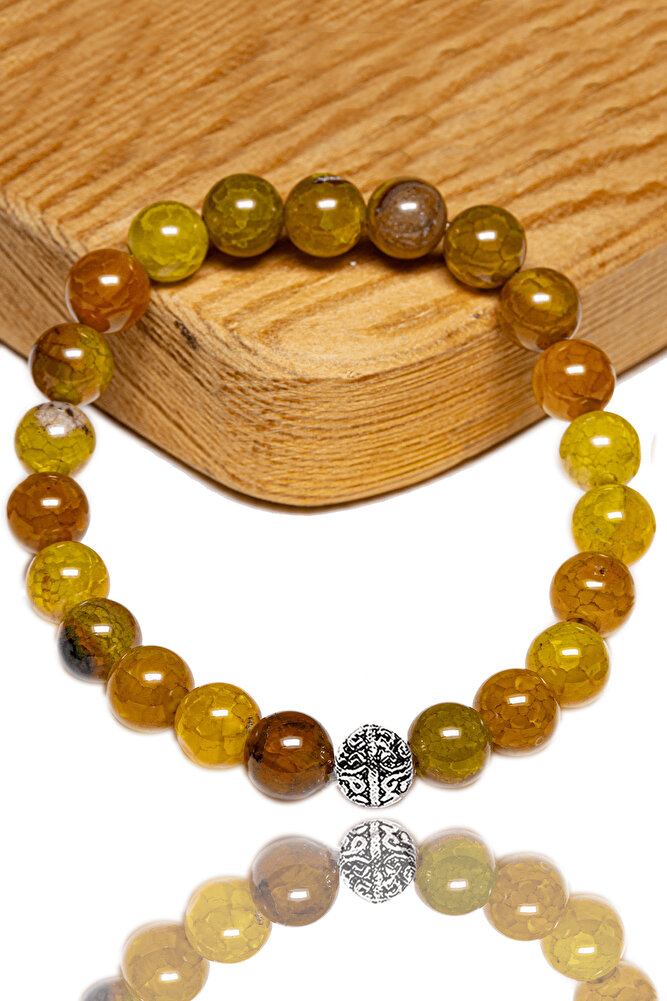 Sertifikalı Aaa+ Damarlı Ejderha Sarı Akik Taşı Bileklik - Gümüş Aparatlı