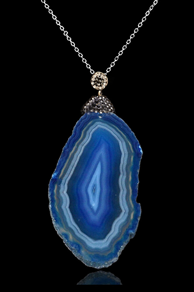 Sertifikalı Zirkon Taşlı Plaka Mavi Akik Taşı Kolye