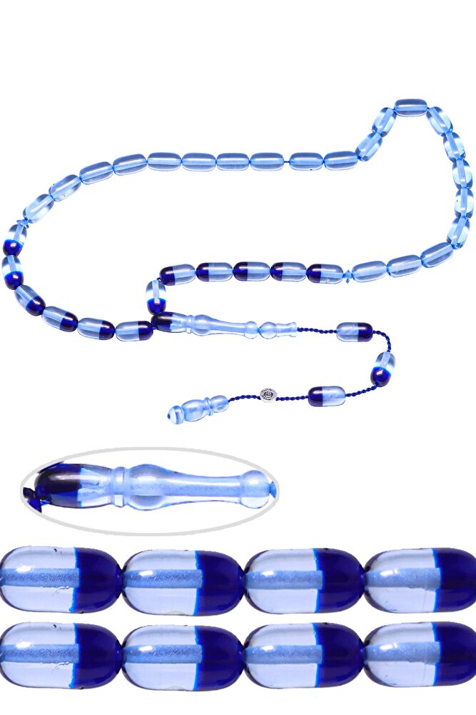 Sertifikalı Açık Mavi Siyah Ateş Kehribar Tesbih