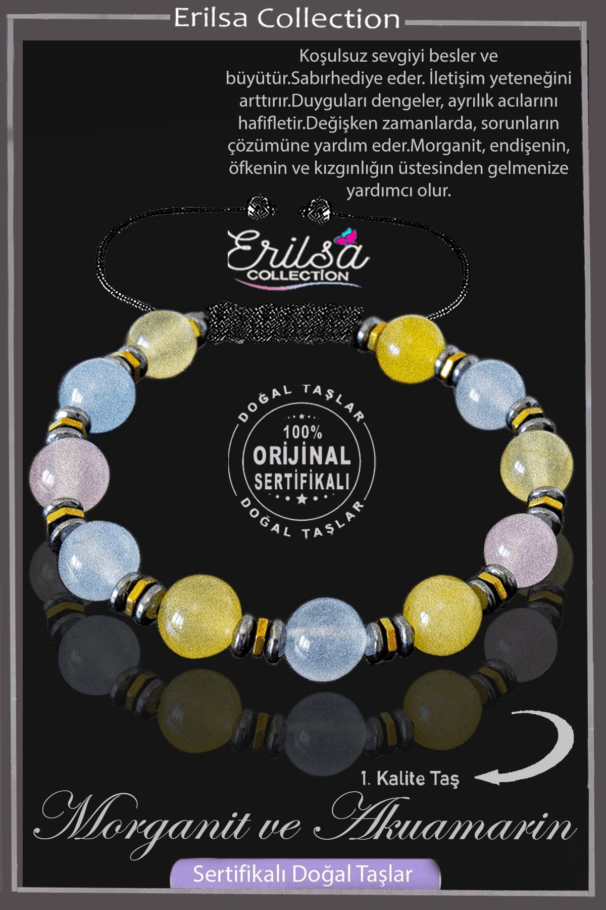 Sertifikalı Gerçek Hematit - Morganit - Akuamarin Taşı Bileklik