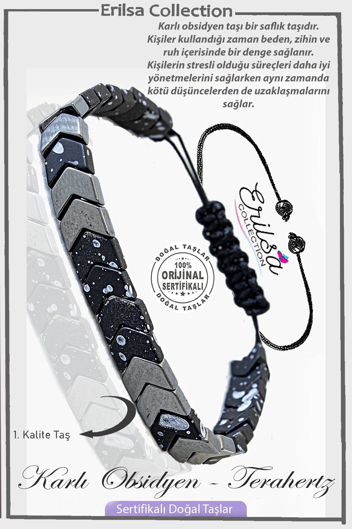 Sertifikalı Çavuş Model Gerçek Hematit - Karlı Obsidyen Taşı Bileklik