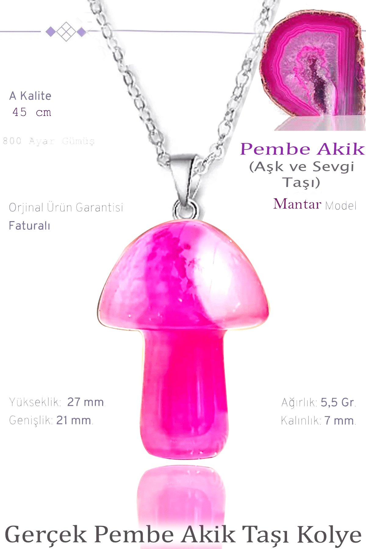 Sertifikalı Mantar Model Pembe Akik Taşı Kolye - Gümüş Aparatlı