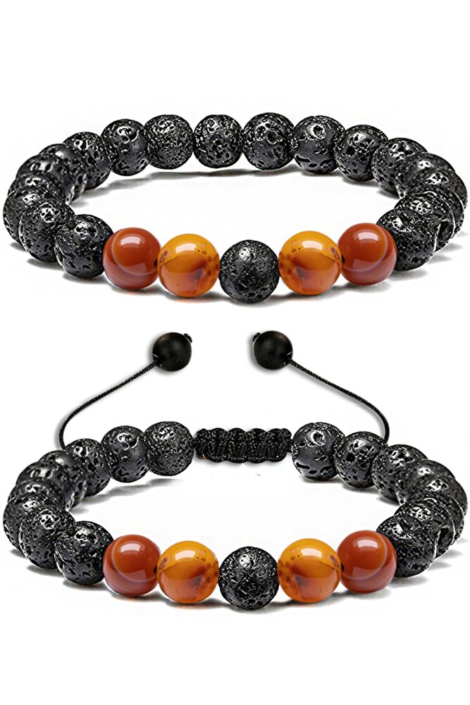 Sertifikalı Doğal Turuncu Akik Taşı Volkan Lav Taşı Doğal Taş Bileklik Seti