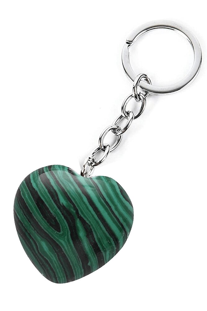 Sertifikalı Kalp Kesim Malahit Taşı Doğal Taş Anahtarlık