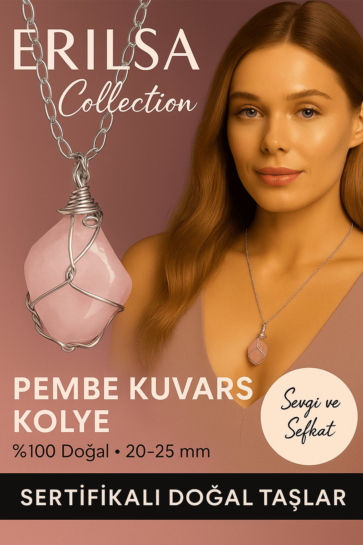 Sertifikalı Gümüş Tel Sargılı Pembe Kuvars Taşı Kolye – 25-30 mm Sevgi ve Şefkat Taşı