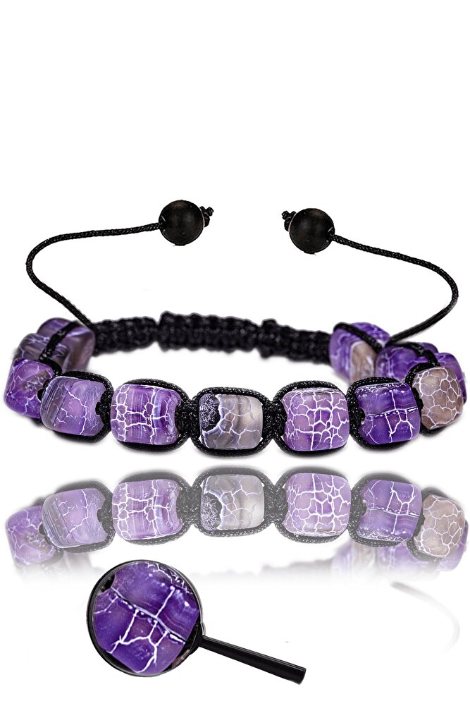 Sertifikalı Makrome Küp Kesim Damarlı Mor Akik Taşı Bileklik