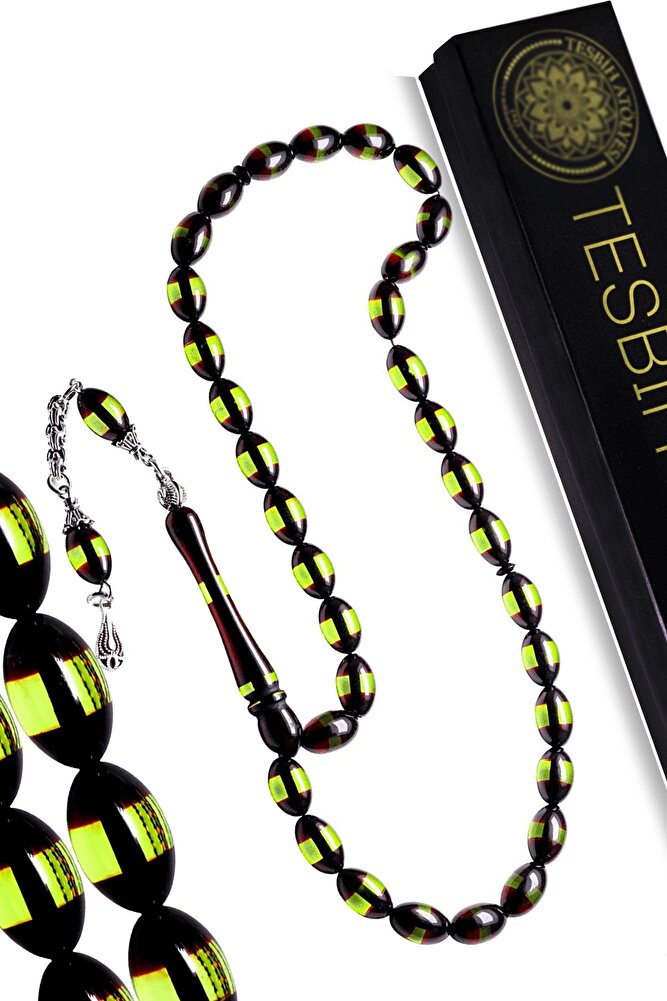 Sertifikalı Yeşil Siyah Sürmeli Toz Kehribar Tesbih