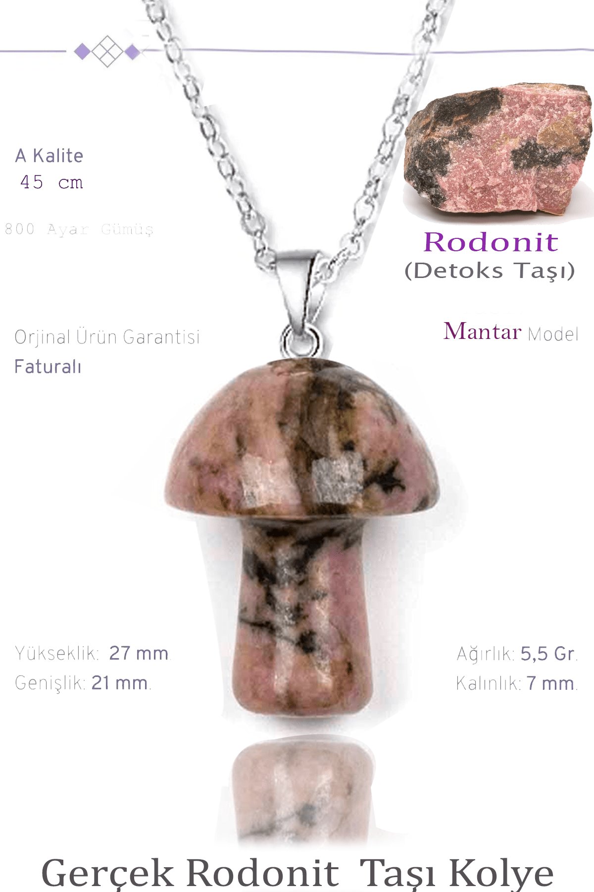 Sertifikalı Mantar Model Rodonit Taşı Kolye - Gümüş Aparatlı