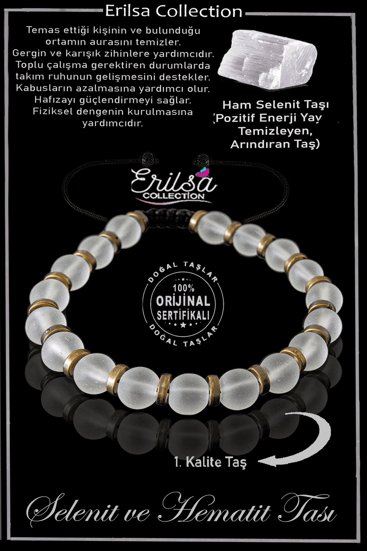 Sertifikalı Gerçek Hematit - Selenit Taşı Bileklik - Ayarlamalı