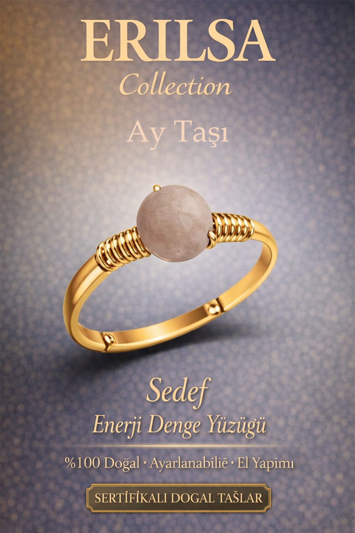 Sertifikalı Sedef Enerji Denge Yüzüğü – Ay Taşı Sedef Ayarlamalı Gold İnce Kasa Yengeç Balık Burcu