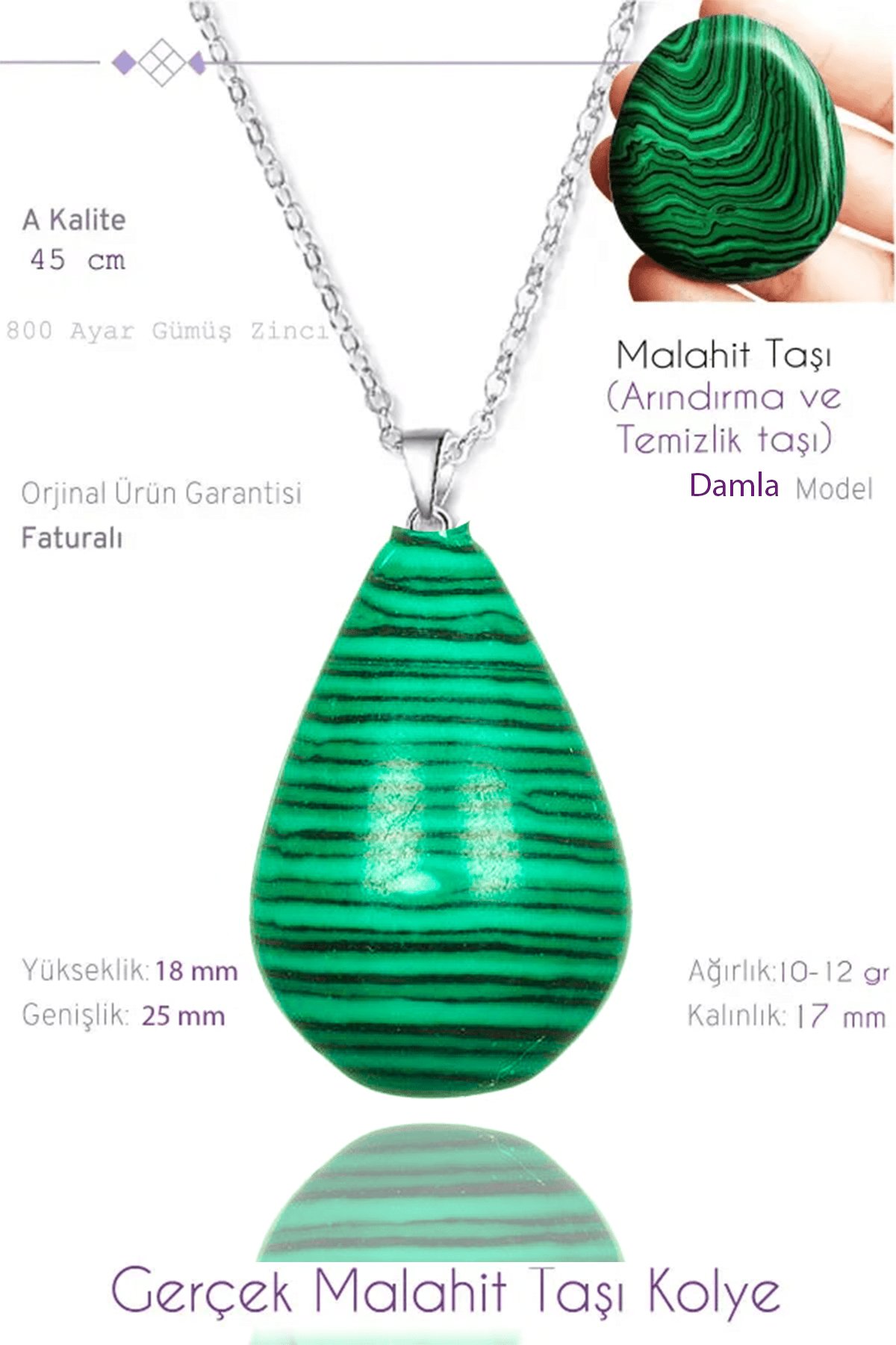 Sertifikalı Damla Model Gerçek Malahit Taşı Kolye