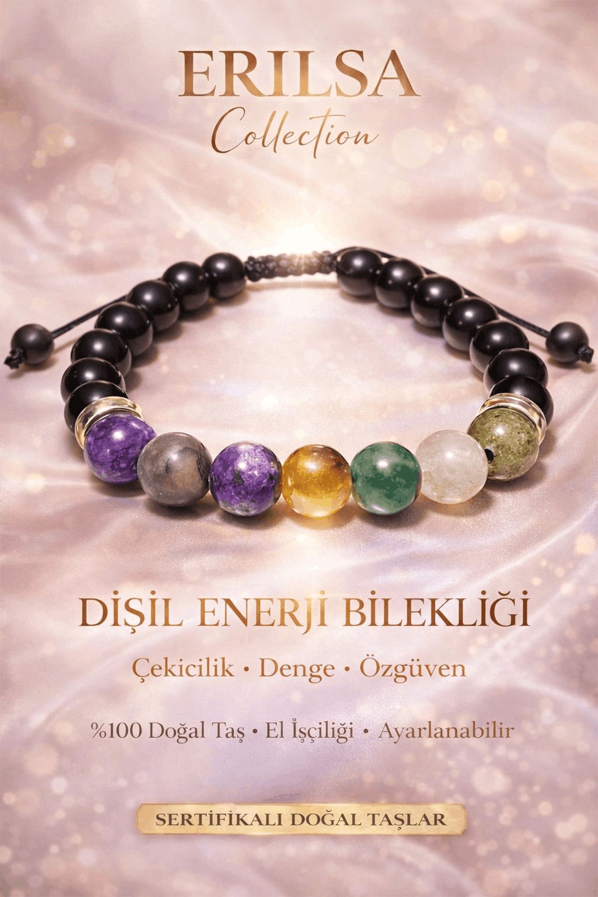 Sertifikalı Doğal Taş Dişil Enerji Bilekliği Çekicilik Denge Çeroit Ametist Jasper Kuvars Florit Taş