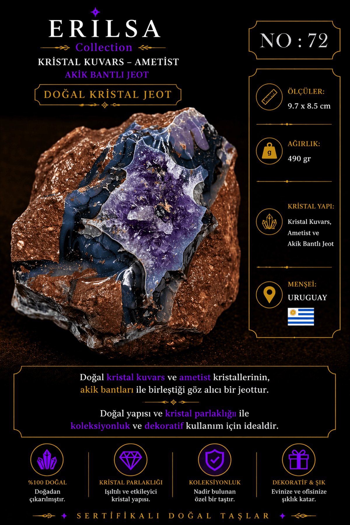 Sertifikalı Doğal Ametist Jeodu Akik Bantlı Kristal Kuvars Büyük Boy Uruguay Nadir NO72