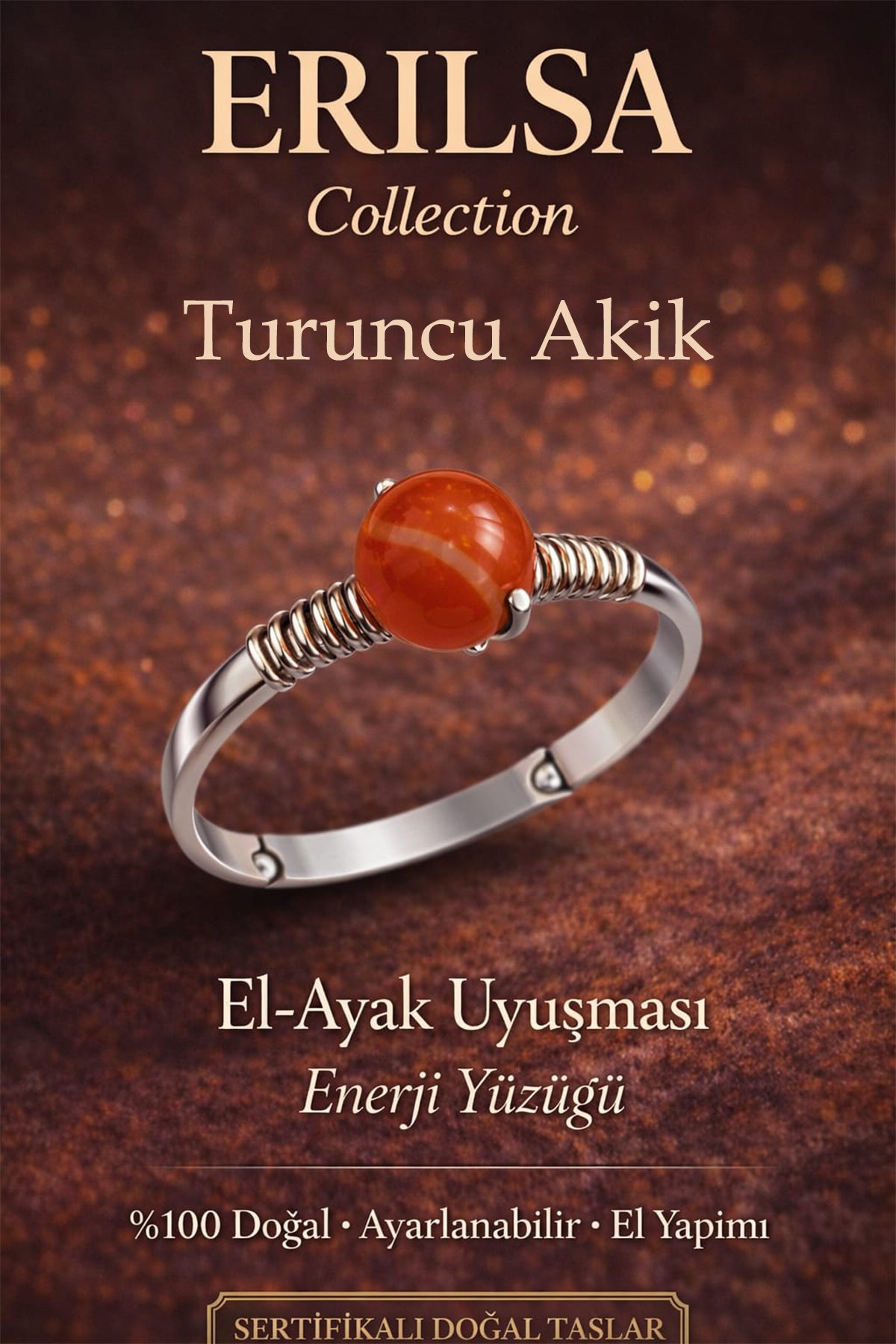 Sertifikalı El Ayak Uyuşması Enerji Yüzüğü – Turuncu Akik Ayarlanabilir Gümüş Kasa Aslan Başak Burcu