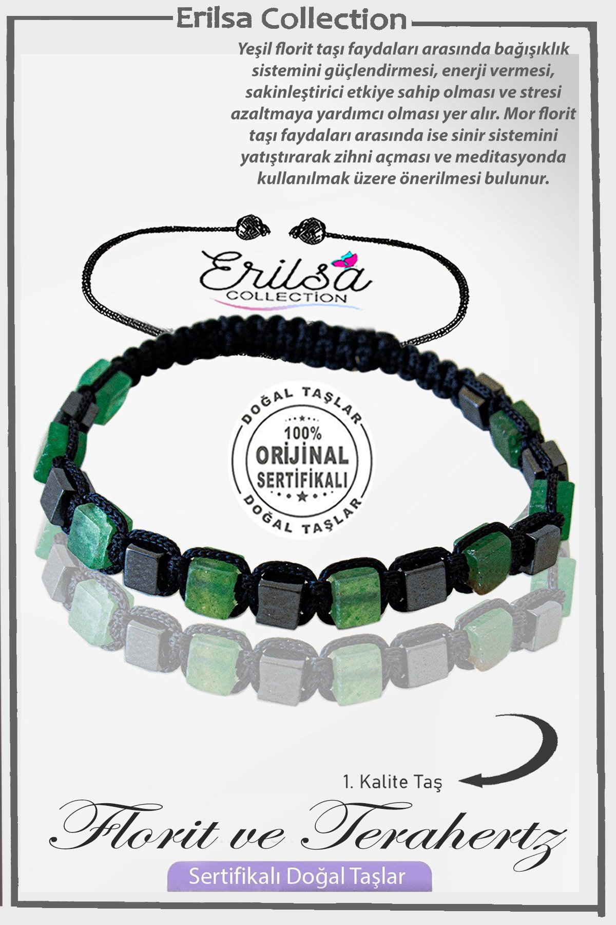 Sertifikalı Küp Model Gerçek Terahertz - Florit Taşı Bileklik