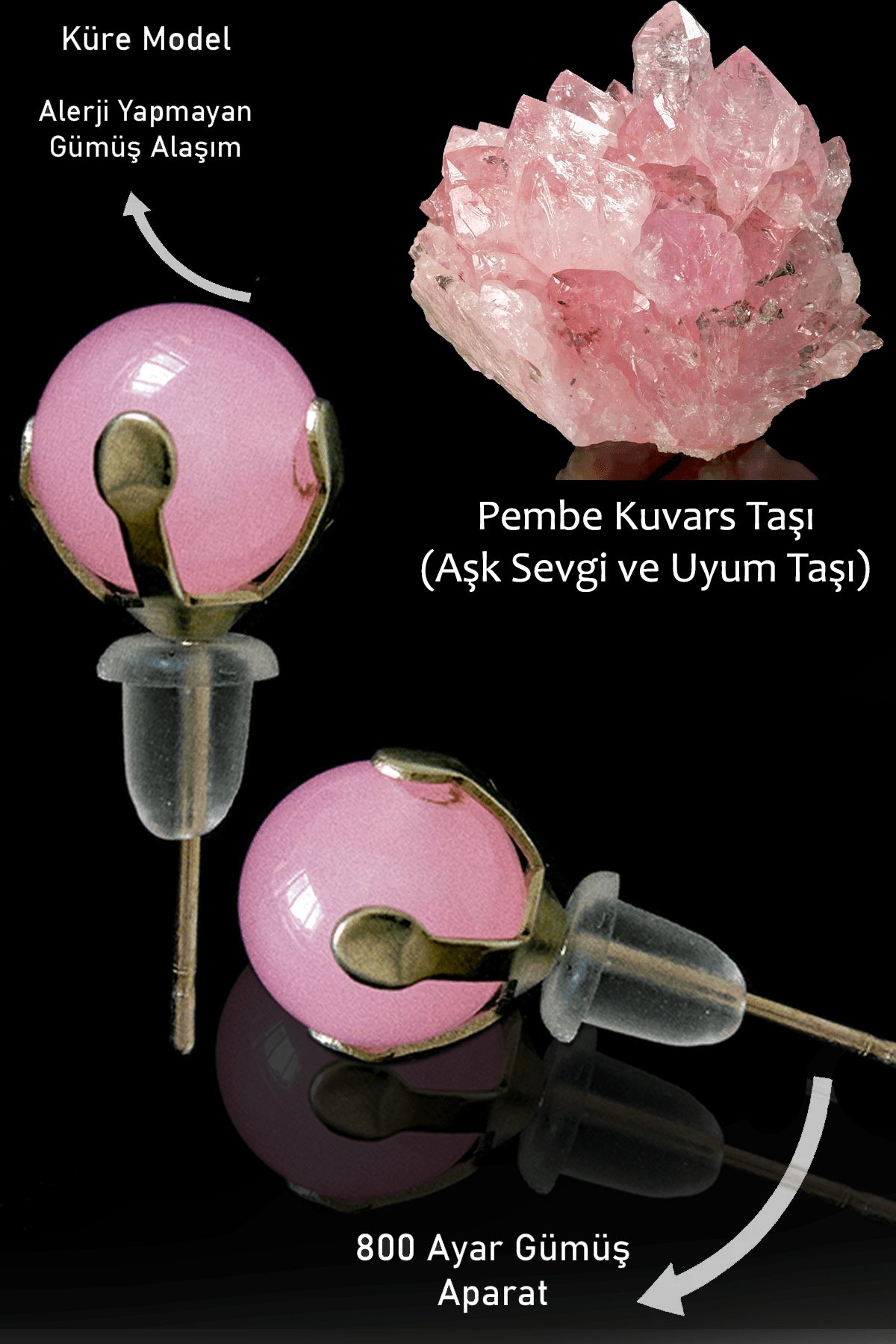 Sertifikalı Gerçek Açık Pembe Kuvars Taşı Nokta Doğal Taş Küpe