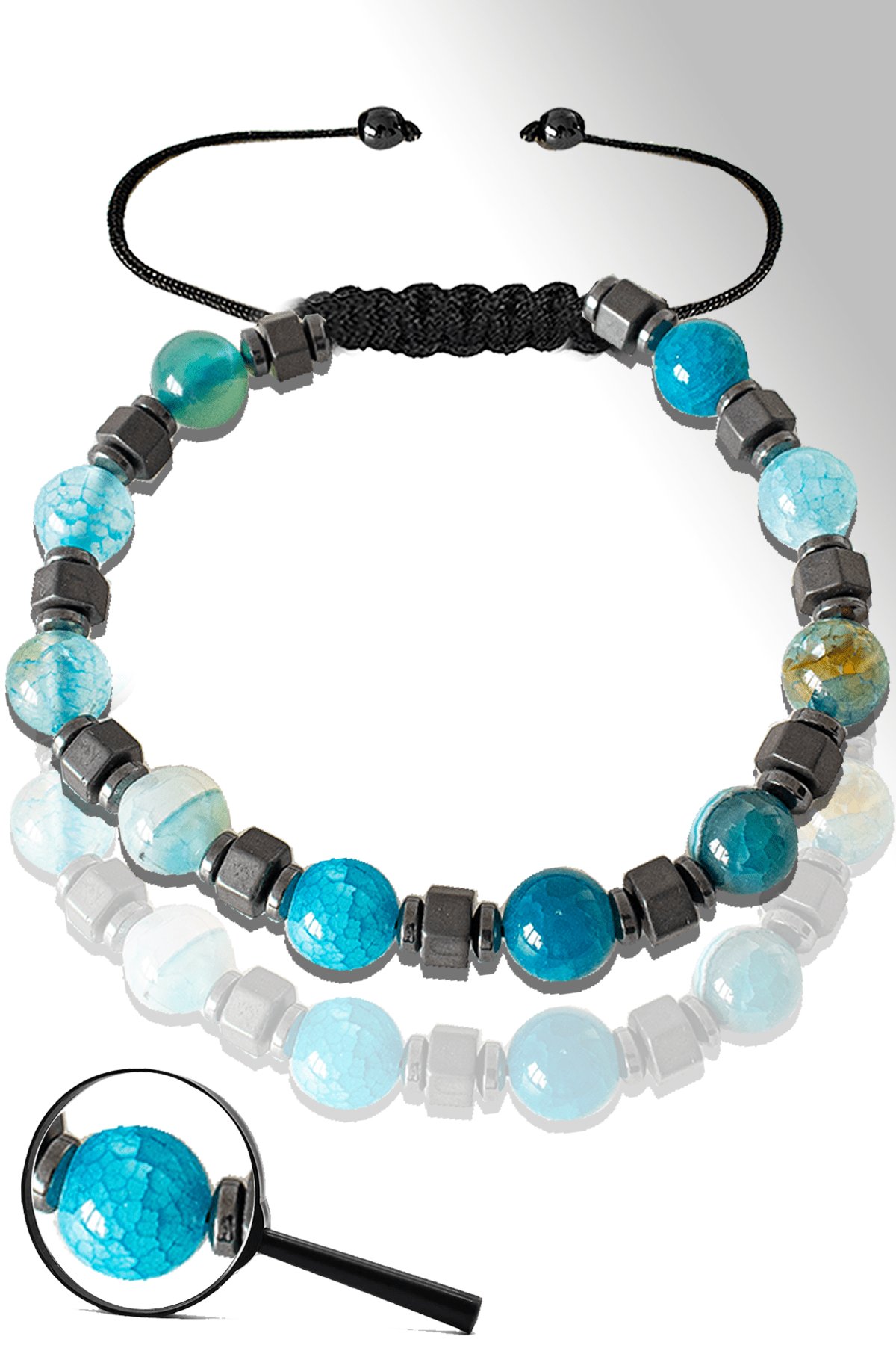 Sertifikalı Mat Silver Hematitli Mavi Akik Taşı Bileklik - Ayarlamalı