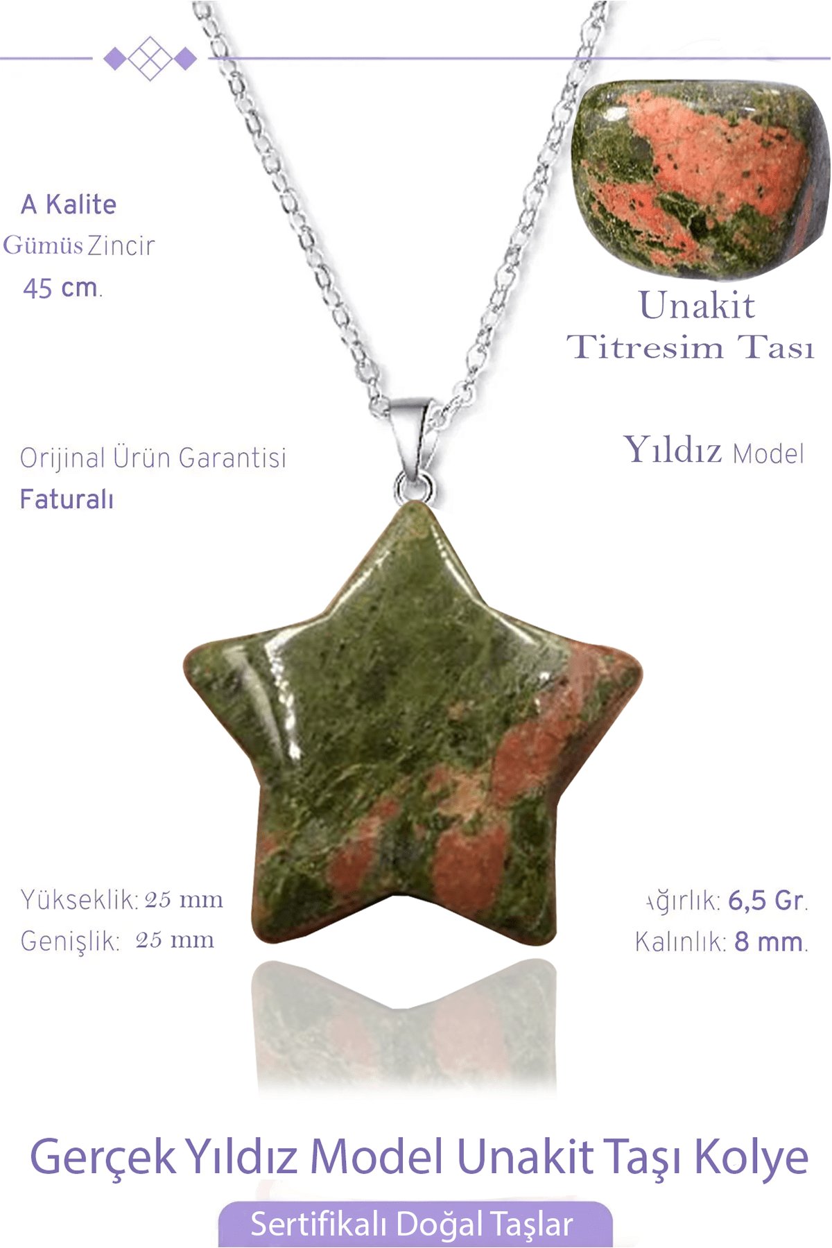 Sertifikalı Gerçek Yıldız Model Unakit Taşı Kolye - Gümüş Aparatlı