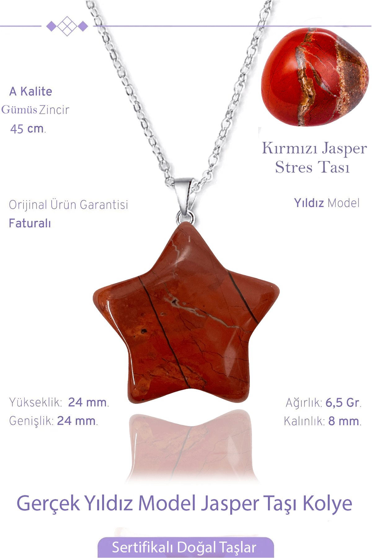 Sertifikalı Yıldız Model Kırmızı Jasper Taşı Kolye - Hırs ve Azim Veren Doğal Taş