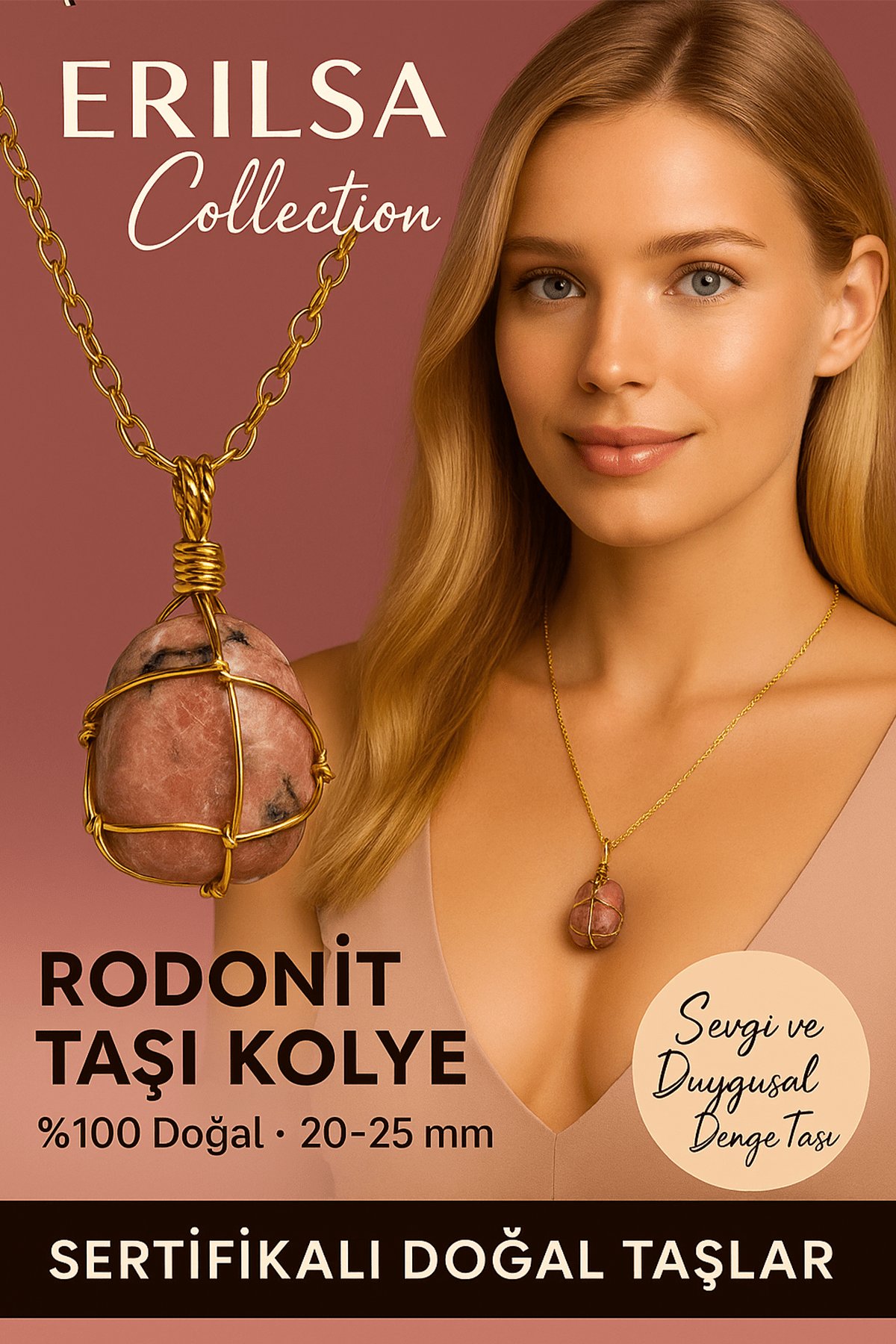 Sertifikalı Tel Sargılı Gold Renkli Doğal Rodonit Taşı Kolye – Sevgi ve Duygusal Denge Taşı