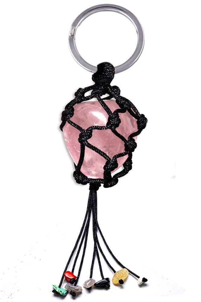 Sertifikalı Pembe Gül Kuvars Taşı 7 Çakra Doğal Taş Anahtarlık