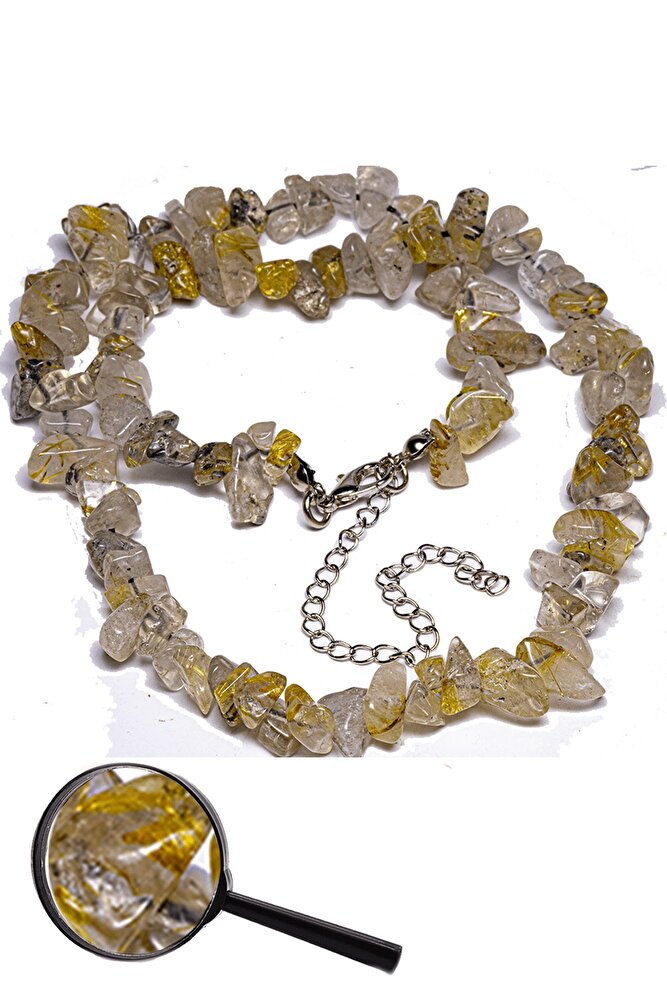 Sertifikalı Kırık Taşlı Gold Rutilli Kuvars Taşı Doğal Taş Kolye - Melek Saçı