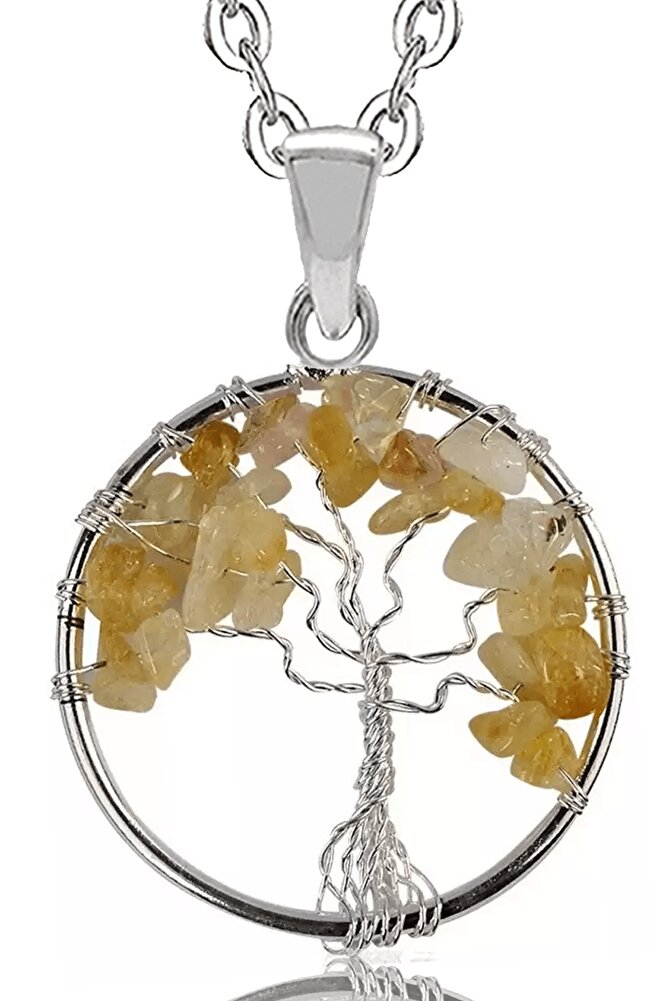 Sertifikalı Doğal Sitrin Taşı Hayat Ağacı Kolye