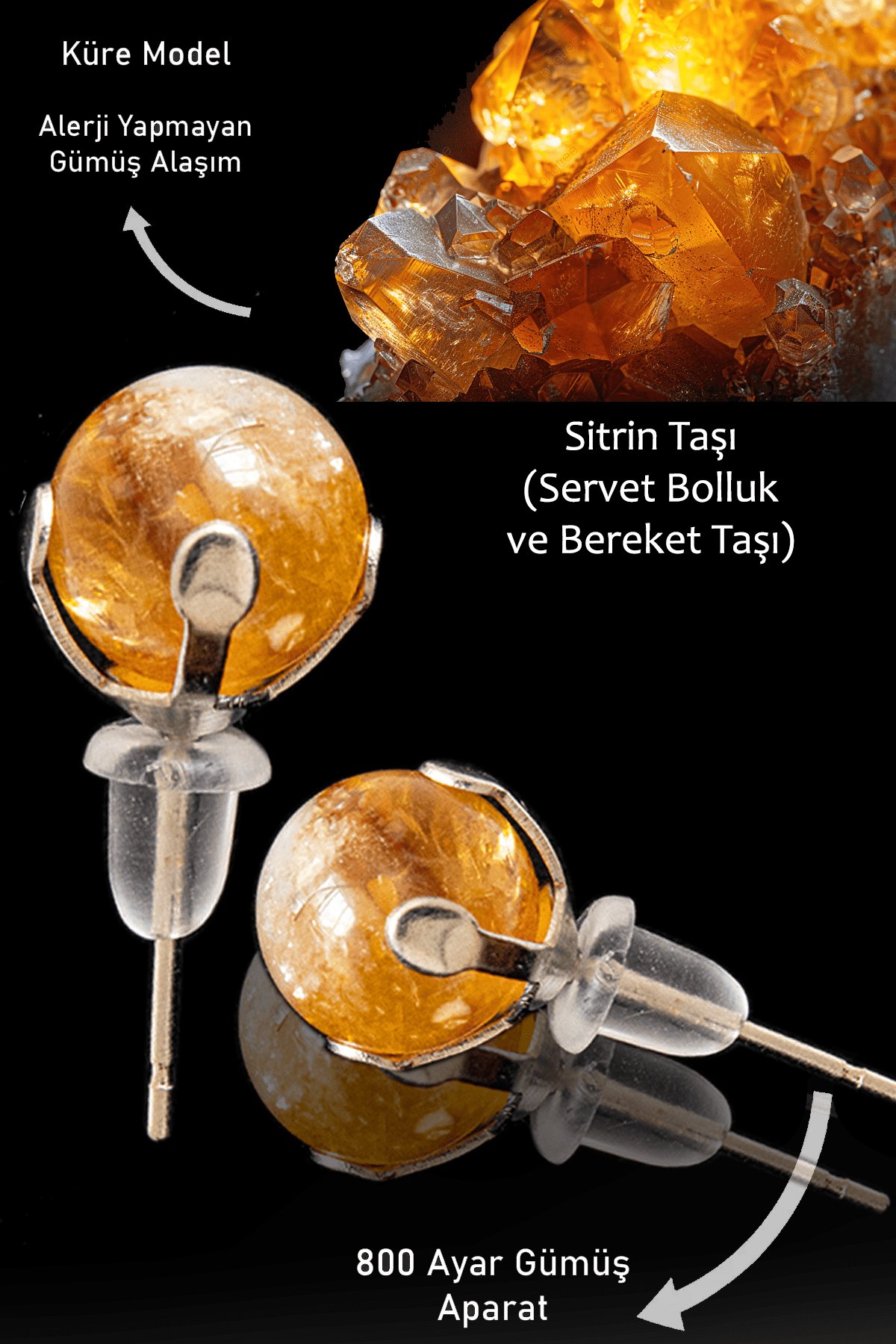 Sertifikalı Aaa Kalite Doğal Sitrin Para Taşı Nokta Doğal Taş Küpe