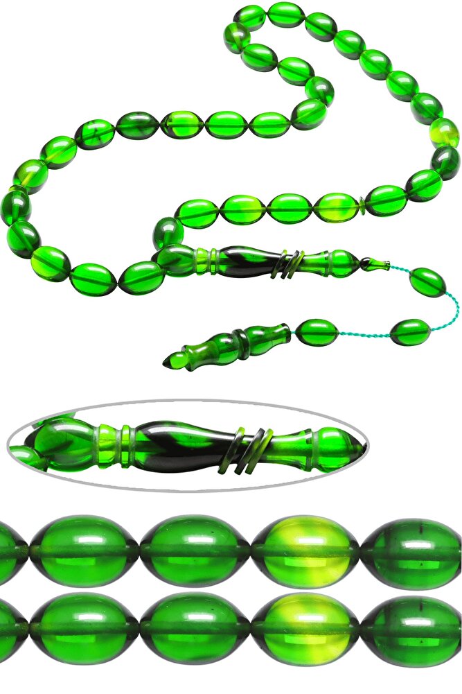 Sistemli Beyzi Kesim Yeşil Renkli Halkalı Ateş Kehribar Tesbih