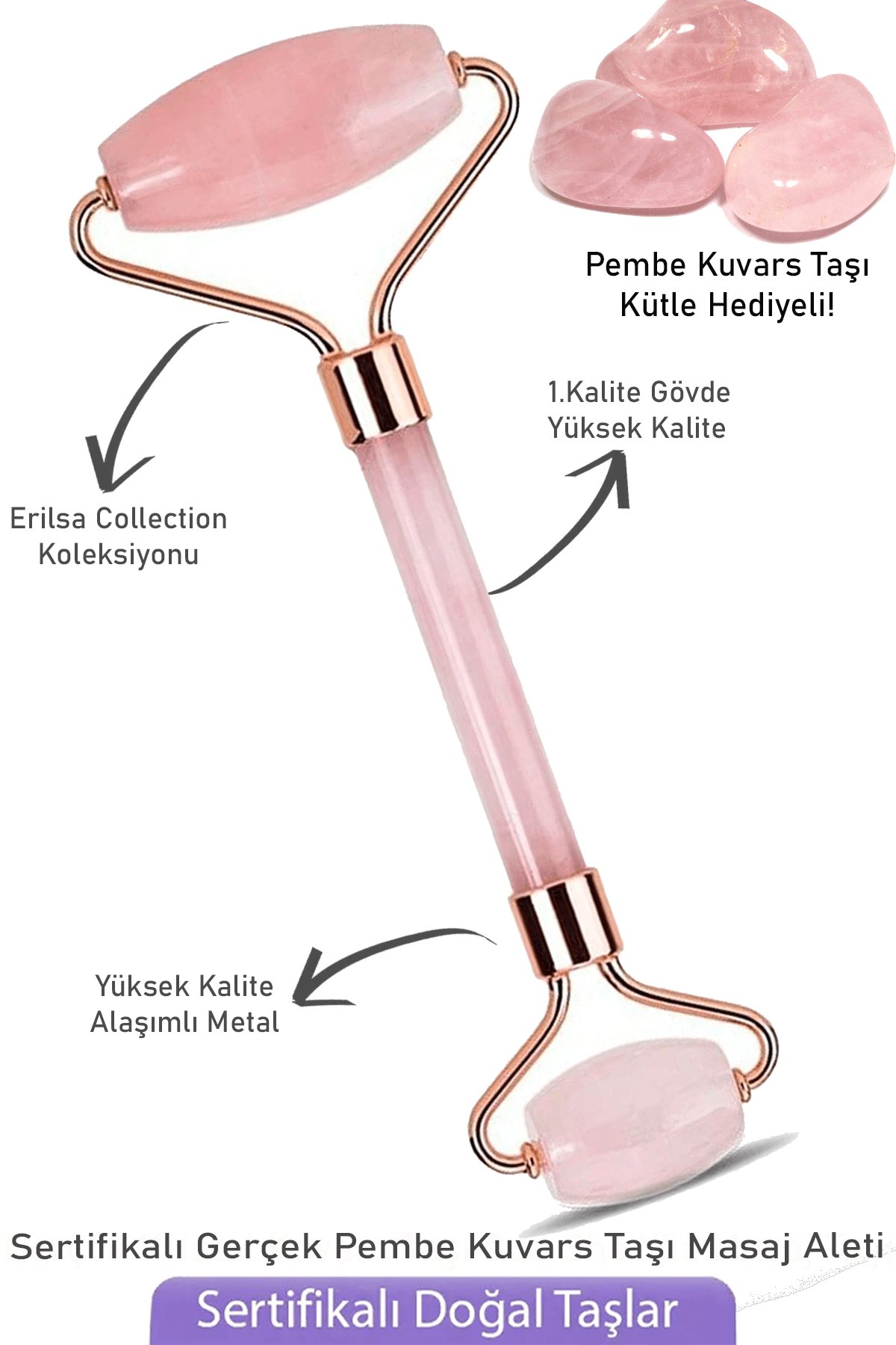 Sertifikalı Pembe Kuvars Taşı Yüz Masaj Aleti - Kütle Hediyeli