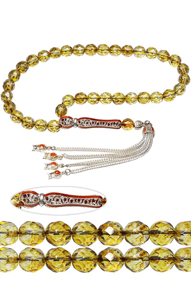 Sertifikalı Telkari Püskül Sarı Doğal Kuvars Taşı Tesbih