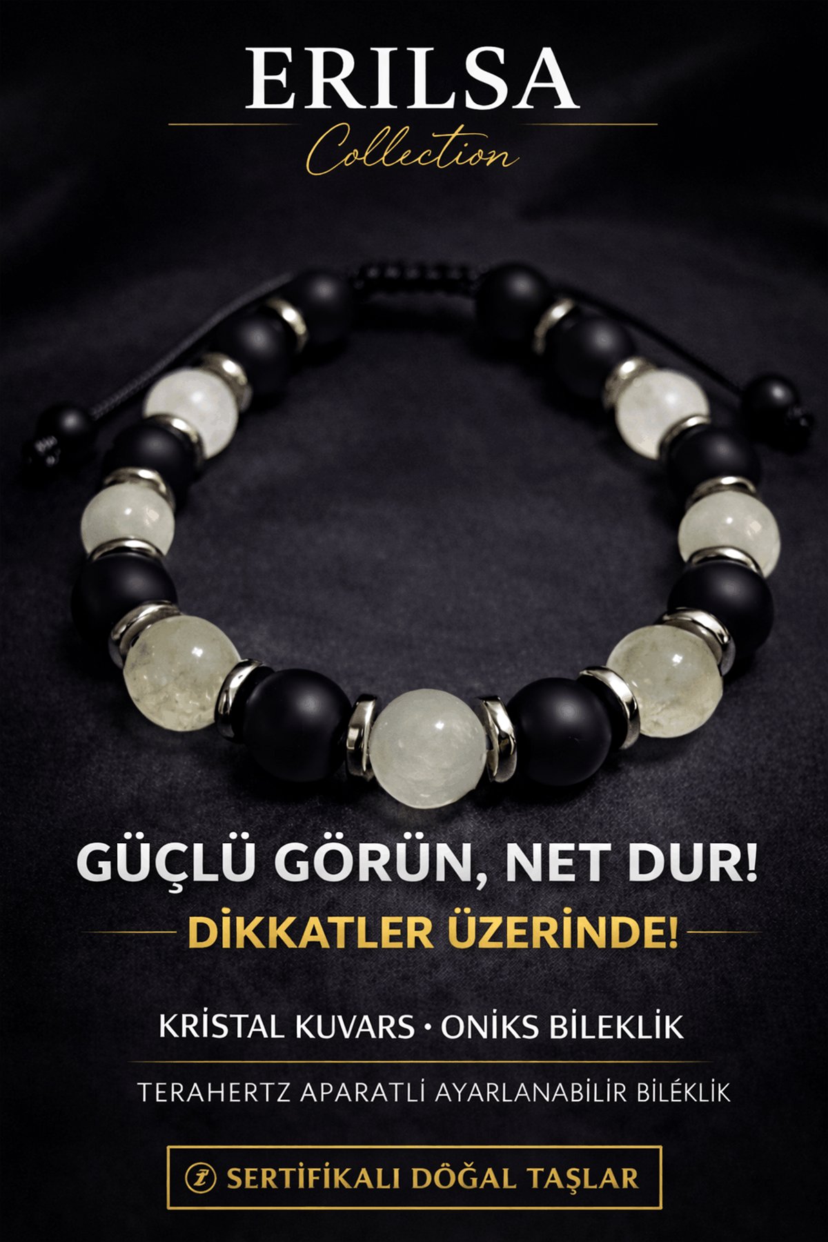 Sertifikalı Oniks Kristal Kuvars Taşı Bileklik - 8 mm Doğal Taş Terahertz Aparatlı Unisex El Yapımı