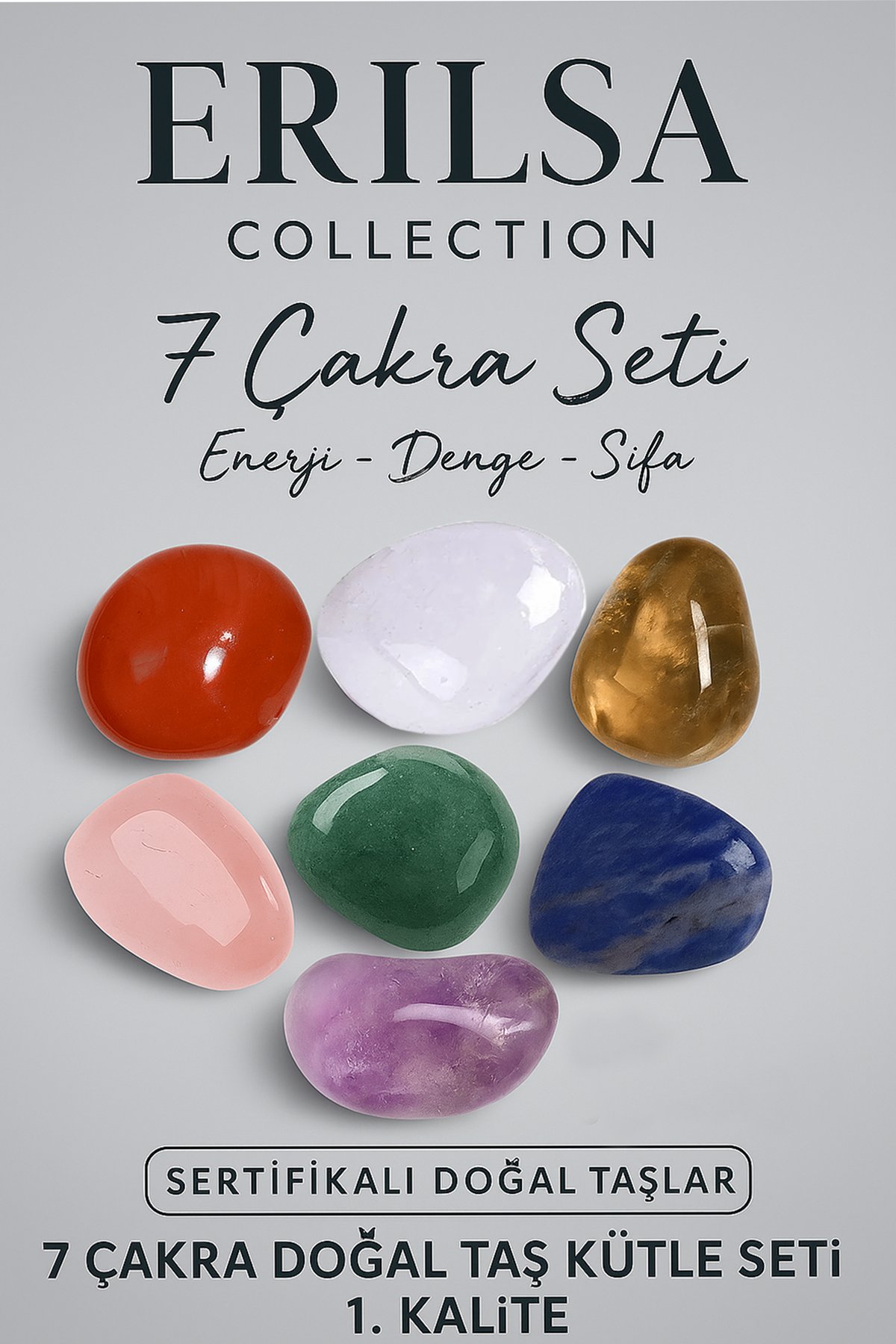 Sertifikalı 7\'li Doğal Taş Kütle Çakra Seti - Pembe Kuvars Ametist Lapis Lazuli Aventurin Akik Taşı