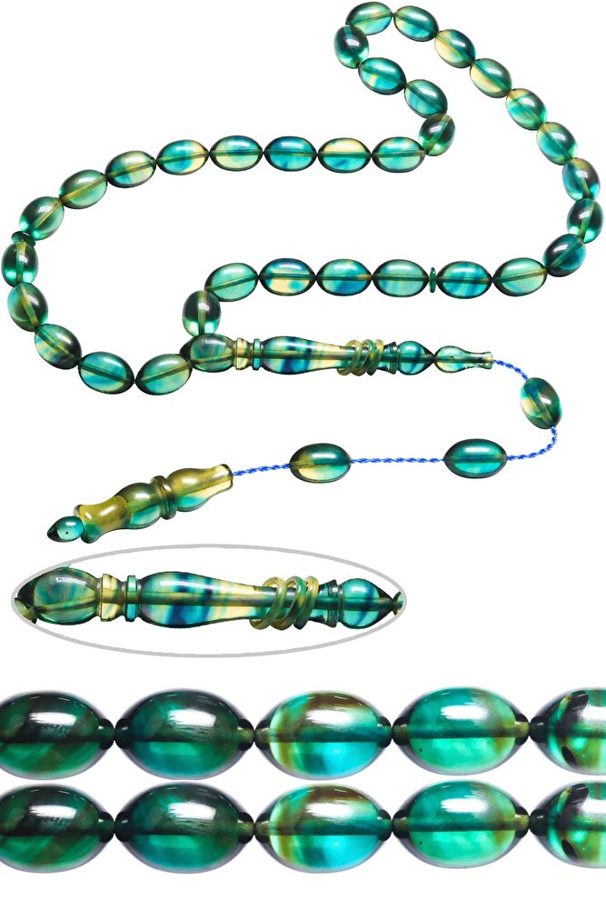 Sistemli Beyzi Kesim Turkuaz Şeffaf Renkli Usta Işcilikli Ateş Kehribar Tesbih