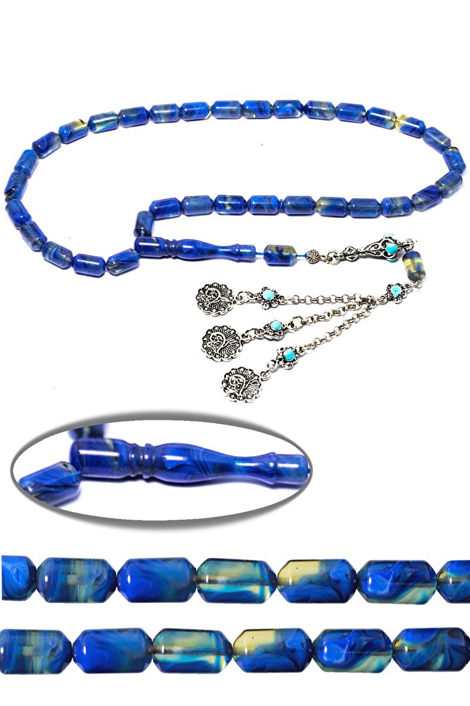 Sertifikalı Mavi Renkli Hareli Halep Püskül Sıkma Kehribar Tesbih