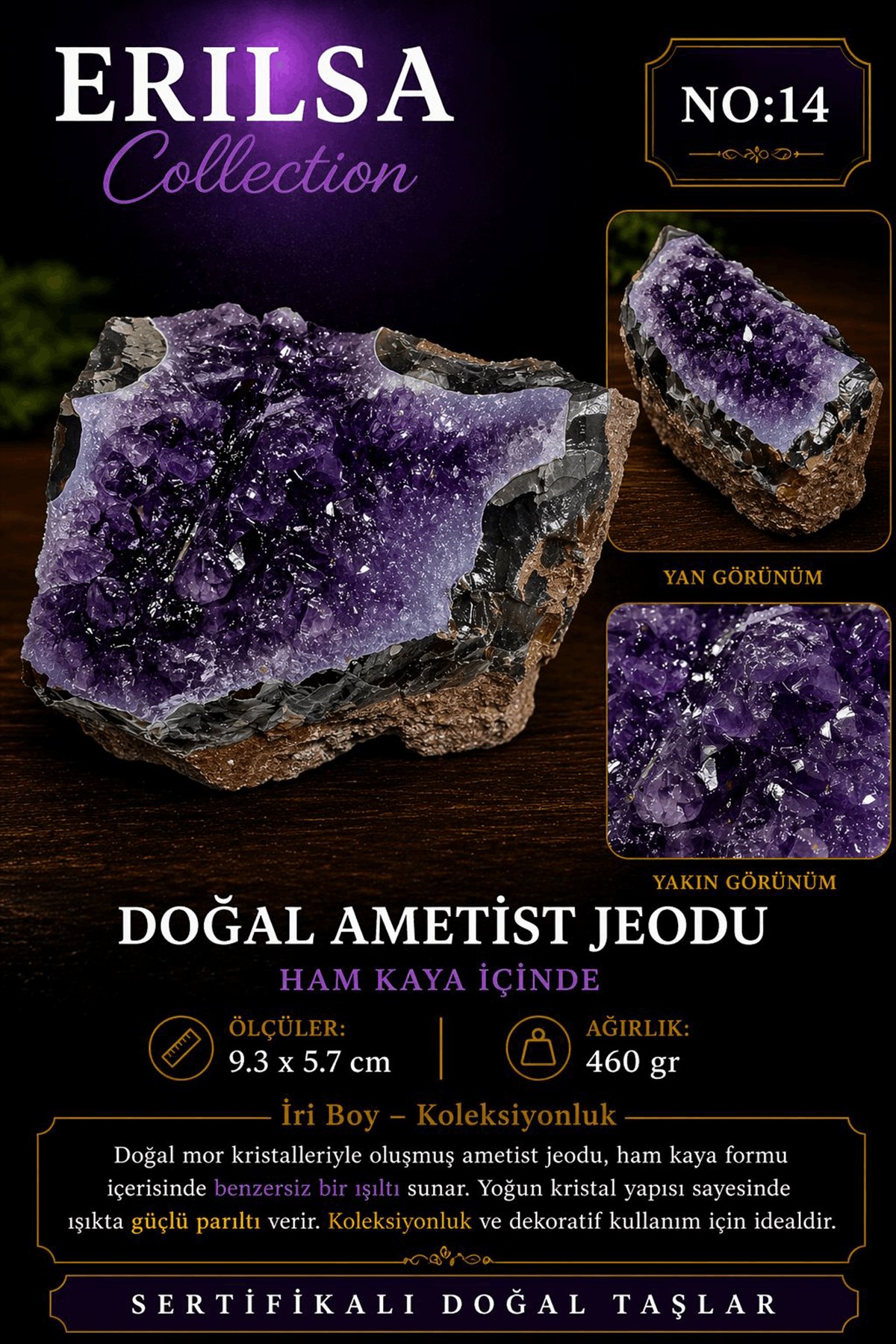 Sertifikalı Doğal Ametist Jeodu Taşı Kütle Orta Boy Kristalli Ham Kaya Koleksiyonluk Dekoratif