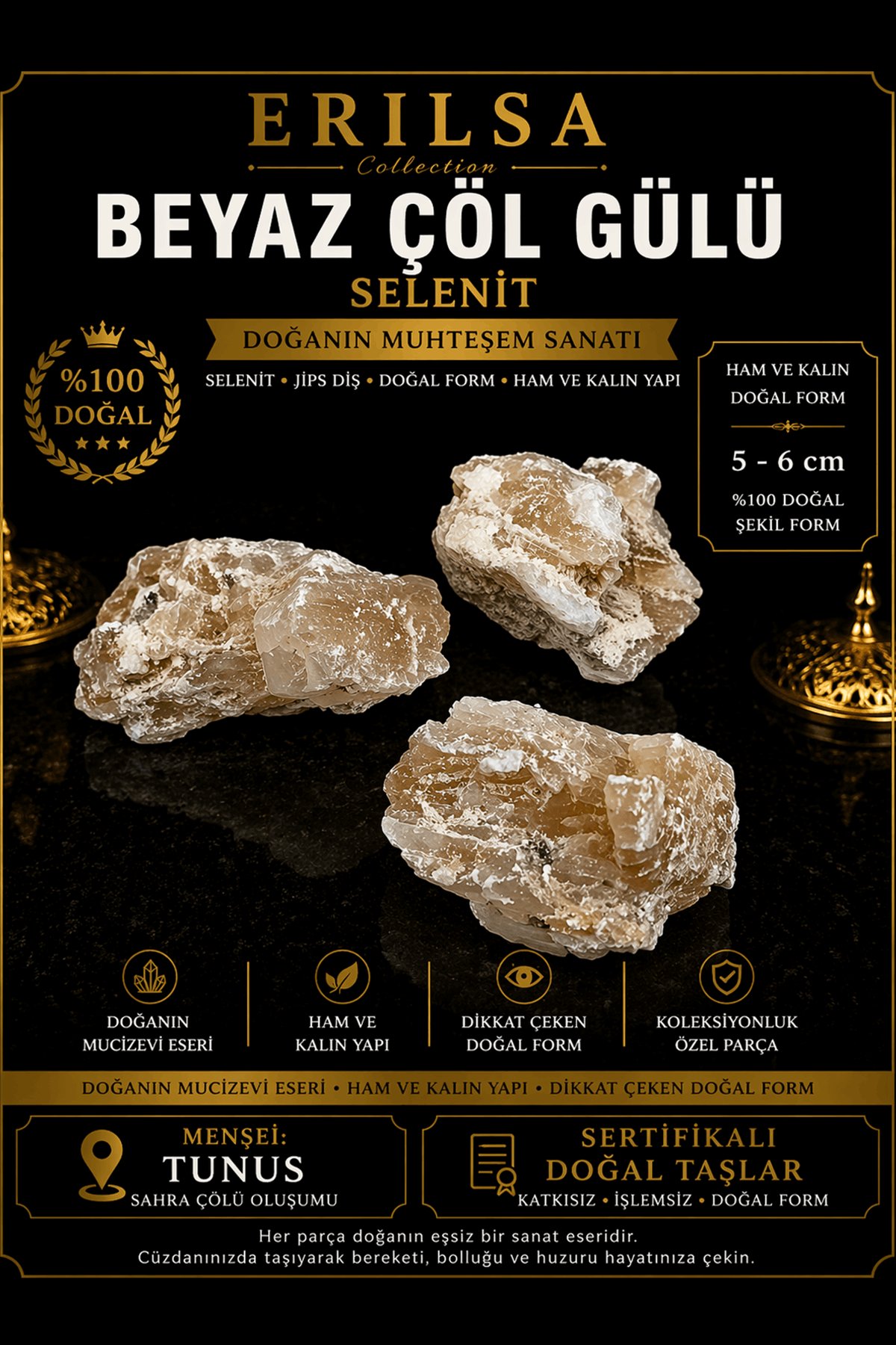 Sertifikalı Beyaz Çöl Gülü Selenit Taşı Kütle - 5-6 cm Ham Kalın Yapı Doğal Kristal Koleksiyonluk