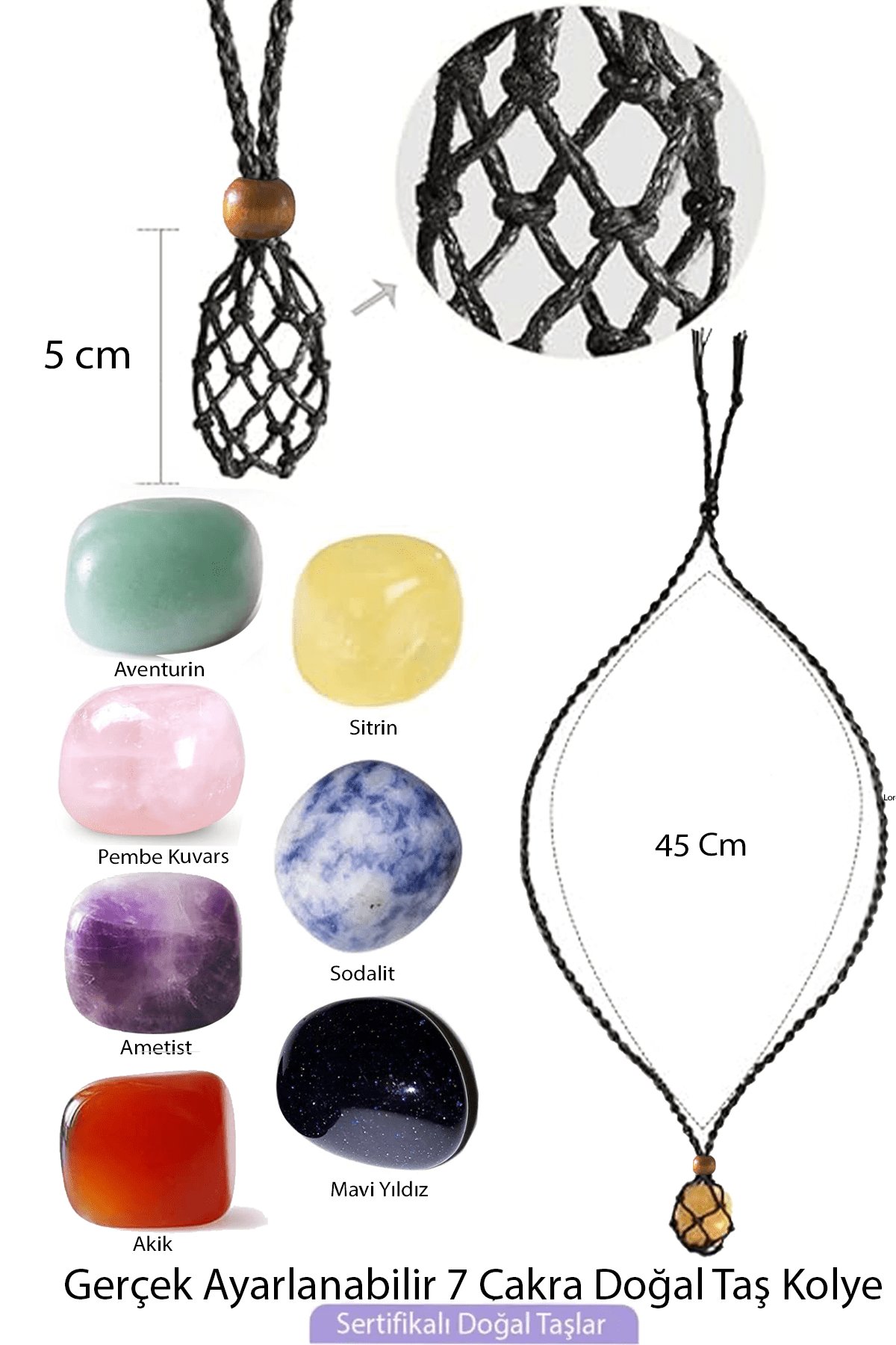 Sertifikalı Şifa Seti Makrome Örgülü 7 Çakra Doğal Taş Kolye Ayarlanabilir - Siyah