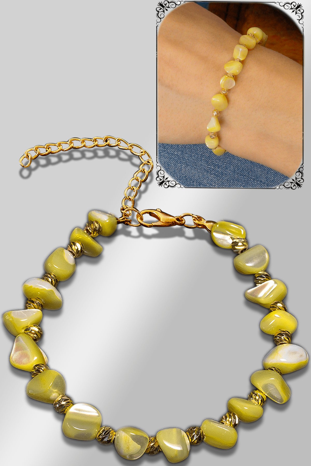 Sertifikalı Sarı Renkli Sedef Taşı Bileklik - Ayarlamalı (Altın Kaplama)