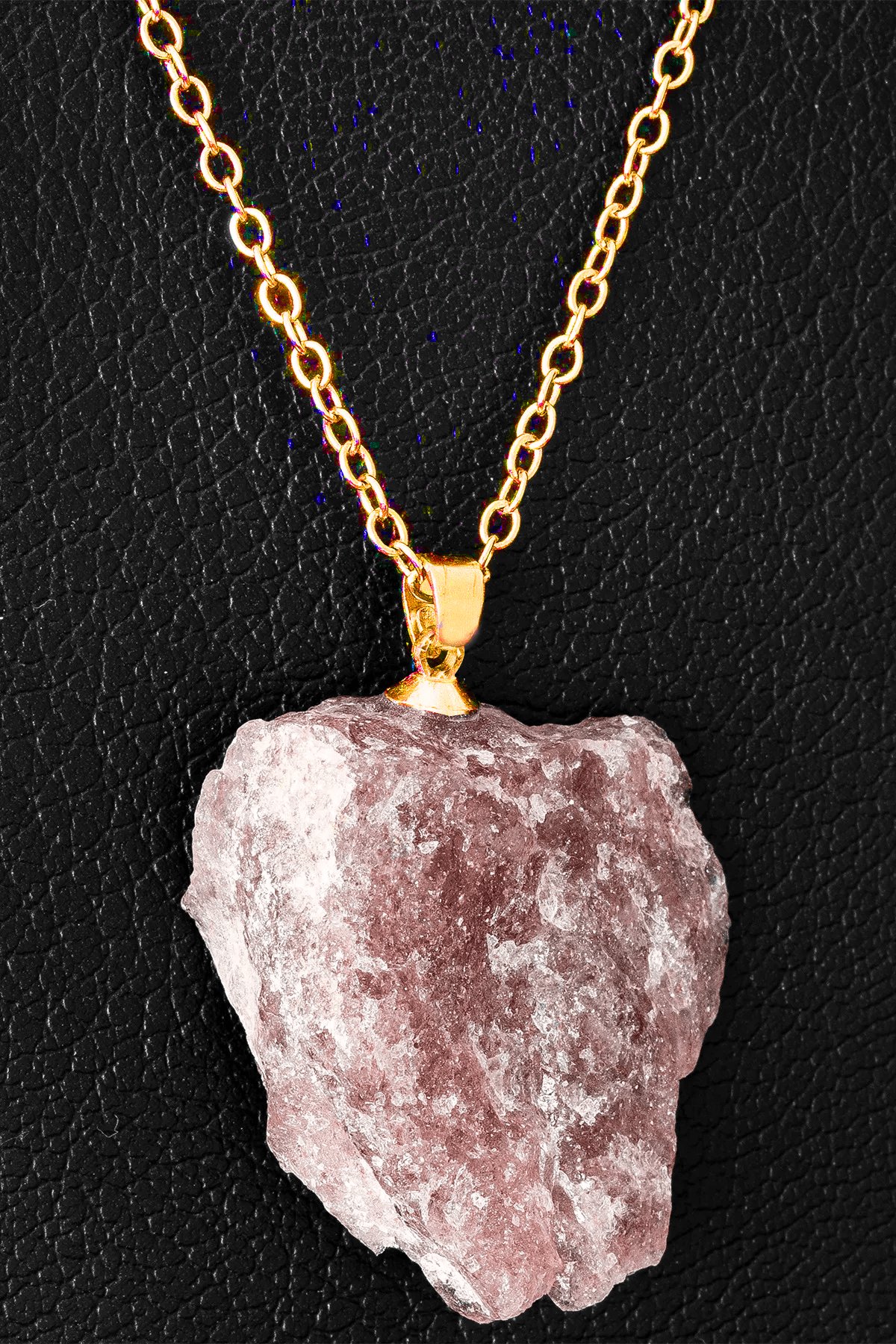 Sertifikalı Ham İşlenmemiş Çilek Kuvars Taşı Kolye - 24k Altın Kaplama