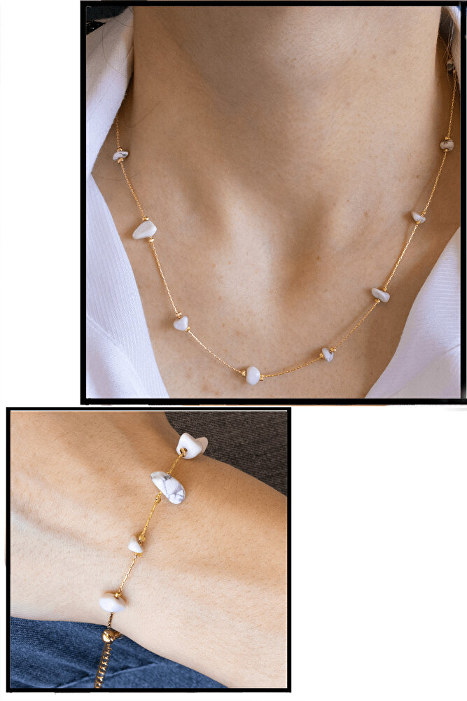 Sertifikalı Gold Havlit Taşlı Doğal Taş Kolye Bileklik Seti