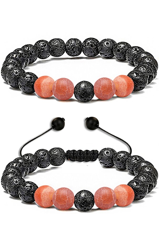 Sertifikalı Doğal Turuncu Buz Akik Taşı Volkan Lav Taşı Doğal Taş Bileklik Seti